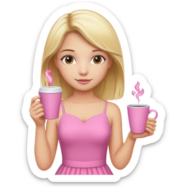 Niña con pelo rubio con un vestido rosa y una taza rosa sticker