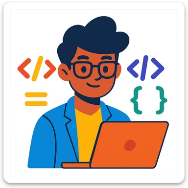 a smart coder, surrounded by code symbols, vibrant and colorful style sticker