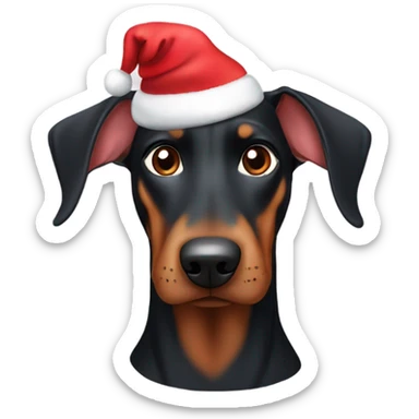 Doberman with floppy ears wearing a Santa hat sticker
