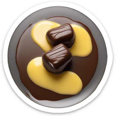 Chocolate and vanilla quenelle on glass plate with 3 drops of yellow sauce sticker