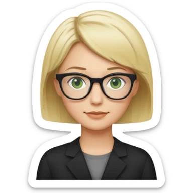 blonde teacher with short hair and green eyes and black glasses smiling sticker