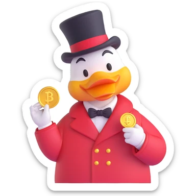 Dagobert Duck emoji, holding a gold coin, wearing classic red coat and top hat, smiling sticker