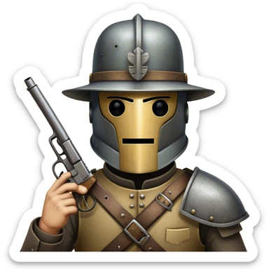 Cinematic Realistic Ned Kelly Portrait Emoji, depicted as the legendary Australian bushranger in his iconic homemade iron helmet and armor, gripping a revolver with a defiant stance. The scene is rendered with gritty textures and dramatic, shadowed lighting, evoking the lawless frontier and his rebellious, fearless legacy. sticker