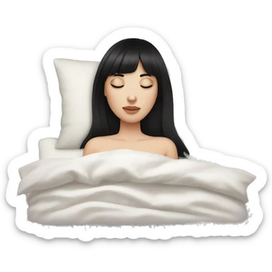 Woman pale skin black hair with bangs sleeping in bed with pillow, white woman sticker