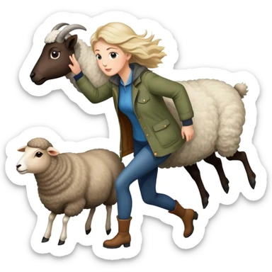 A beautiful tall girl with fair skin wearing a jacket chasing a Shetland sheep sticker
