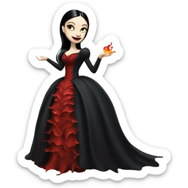 Lavish Victorian evening gown, young Morticia Addams Jedi wearing a mini tiara, riding on the back of a very large blood red evil-looking fire-spewing horned dragon sticker
