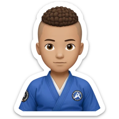 Mixed race boy BJJ instructor with pony tail afro hair and shaved bald sides haircut, Make the hair brown and the belt blue. Add the roger Gracie academy logo on the go also and the p logo of progress jiu jitsu on the right arm sleeve  at the top sticker