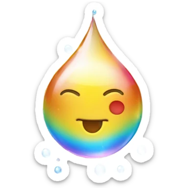 Crystal Droplet: A single, perfectly round droplet of water, sparkling as it refracts sunlight, with tiny rainbow reflections around its edges and a faint ripple effect below it. sticker
