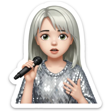 billie eilish is singing, holding mirco and twinkle dresss sticker