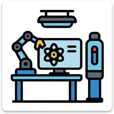 modern tech lab with futuristic equipment, clean lines, blue accents sticker