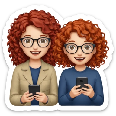 two girls. both white, one with curly red hair and glasses. one with curly brown hair. both giggling while doing a podcast sticker