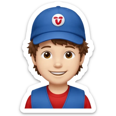 brown fluffy hair kid with blue and white cap dark blue jilet red t shirt sticker