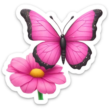 Large beautiful pink butterfly sitting on top of a spring time flower with glitter  sticker