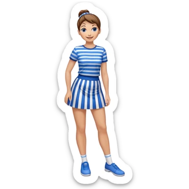 smiling girl Pretty 50-year-old woman with 1 miniskirt that is blue and white striped brown hair in bun blue eyes and pretty legs sticker
