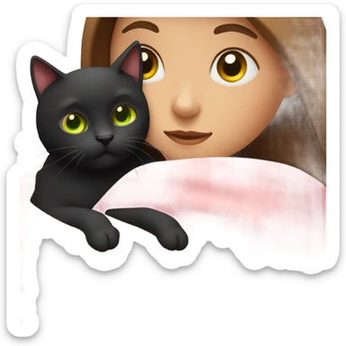1 long brown haired girl with green eyes in a pink shirt. snuggling a  black cat with yellow eyes in a blanket sticker