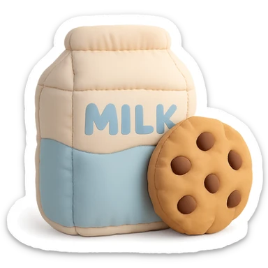 a soft and plush cushion style illustration of a glass of milk and a chocolate chip cookie, pastel colors sticker