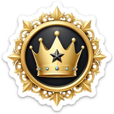 A luxurious golden badge icon in a circular shape, featuring an ornate crown at the top and a glowing star in the center, digital art style, minimal black background, high detail, gold and black color scheme, 3D rendered, designed for use as a Discord emoji, elegant and powerful design sticker