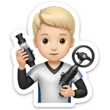 A child stands in a football costume, holding a microscope in his hands sticker