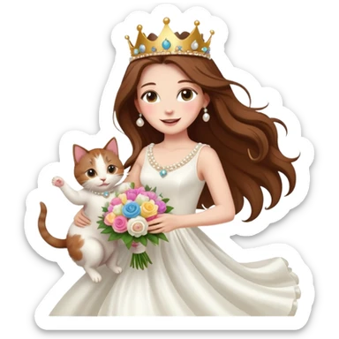 White woman - long hair - white wedding dress - holding a kitten - happy - jumping - stylish - elegant - bouquet - dreamy - colorful - wearing a crown - pearl accessories sticker