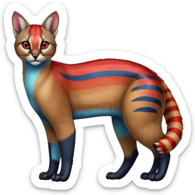 Colorful exotic shiny striped blue with red markings tropical glorious iridescent divine exotic cute cool beautiful realistic caracal-civet-genet-sergal-vernid-Cacomistle-Trico-oncilla-animal-Fakémon-hybrid-fursona (full body) sticker