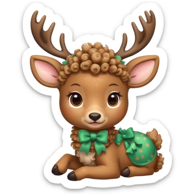 cute deer with curly fur, sitting down, wearing a bow on its head. sticker