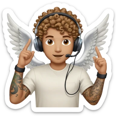 Man with a tattoo and a gaming headset. An angel with curly hair is above him cheering sticker
