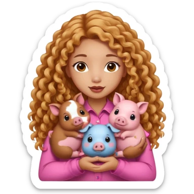 sexy asian tanned girl with cute brown and pink minipigs on hands, long golden curly hair sticker