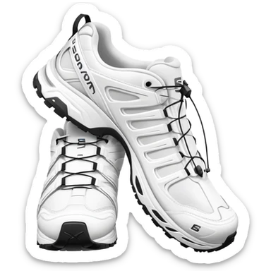 Pure white Salomon XT-6 shoes with zero colored elements, one arranged behind the other, minimal iOS emoji aesthetic, clean white sneakers sticker