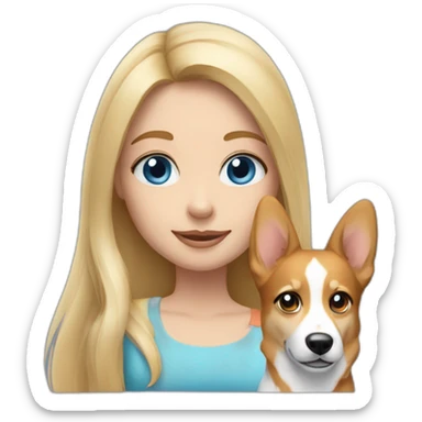 A long hair blond girl with blue eyes with a corgi sticker