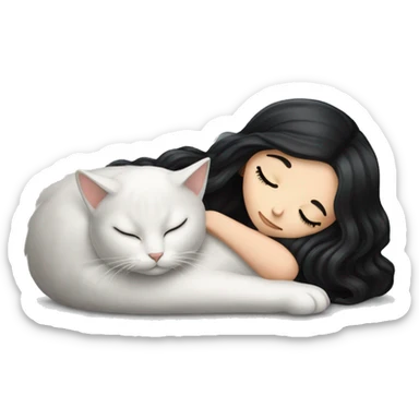 A pretty white girl with very long black hair and sleeping curled up to a white cat  sticker
