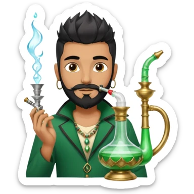 Brass hookah with green design on a glass water base on the top; with two smoke pipes where people are holding them and smoking - one white guy with spikes (silver and black hair) and another Tamil handsome with little beard Indian guy sticker