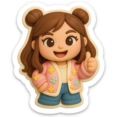 3D chibi fondant cake art style, high-quality rendering with smooth shadows and soft gradients. Girl based on reference image with preserved facial features and eye shape, long brown hair in two space buns, brown eyes, jeans, pastel floral cardigan, thick white outline like a sticker. Thumbs up, happy expression. Transparent background. Ensure the face, hairstyle, and eye shape match the reference exactly. sticker