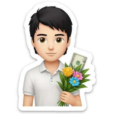 generate a pretty fair bratz boy with a messy mullet (black hair), wearing a white polo.  carrying a bouquet made of money. Fancy card behinf him sticker