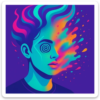 surreal portrait of a person with neon skin, face dissolving in an explosion of colors, airbrush effect, hair as swirling liquid color streams like northern lights, hypnotic spiral eyes, geometric elements along face contour, paint particles flying away, acid purple, turquoise, and electric pink blending, sense of movement sticker