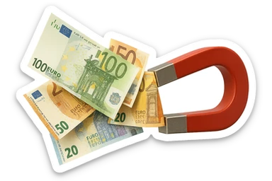 banconote di euro fluttuano vicino ad una calamita rossa, sono attratte, iperrealistico 4k sticker