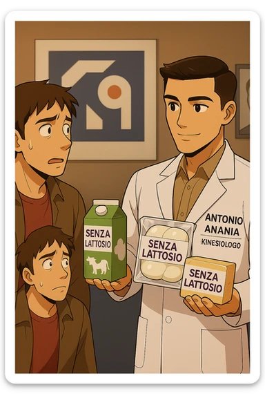 fai un webtoon manga a colori con questo stile, in cui un uomo ASCOLTA Il kinesiologo con il camice bianco (fagli anche la scritta "ANTONIO ANANIA" SUL CAMICE, IL KINESIOLOGO SPIEGA ALL'UOMO UNA MOSTRANDO VARI PRODOTTI DA SUPERMERCATO CONFEZIONATI (TIPO SCATOLA DI LATTE, MOZZARELLE CONFEZIONATE, FORMAGGIO CONFEZIONATO), OGNI CONFEZIONE HA LA SCRITTA "SENZA LATTOSIO SULL'ETICHETTA. L'UOMO OSSERVA IL KINESIOLOGO CON ESPRESSIONE CONFUSA IN VOLTO. non fare i fumetti però, fai solo in modo che sembri stiano parlando sticker