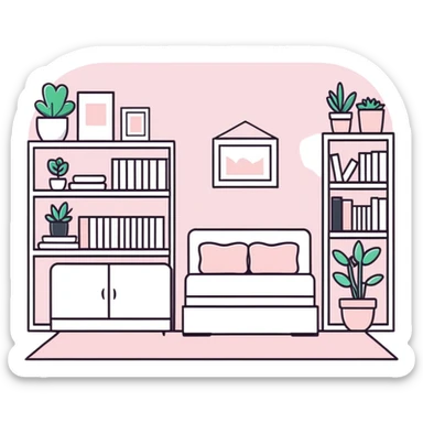 clean girl aesthetic bedroom with white furniture, pastel pink accents, neatly arranged books, potted plants sticker