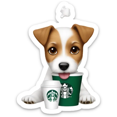 a fluffy parson Russell terrier eating pup cups from Starbucks  sticker