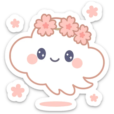 vanilla cloud doe with rosy cheeks, cherry blossom crown, floating witch-like grace, brand identity mascot for social media sticker
