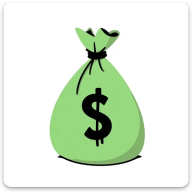 A money bag in black doodle style, hand-drawn with a simple green bag and a dollar sign, no additional text or symbols. sticker