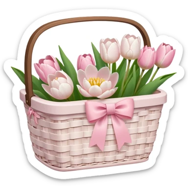 A white Picnic basket with light pink bow, white peonie, tulips sticker