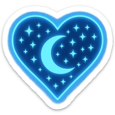 Add more stars to the heart with a crescent moon and stars, keep the dark blue background and glowing edges, no background. Maintain the style and glowing edges of the original image. sticker