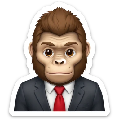 Brown haired cartoon gorilla with tufted fur on head, with light skin tone and a red tie sticker