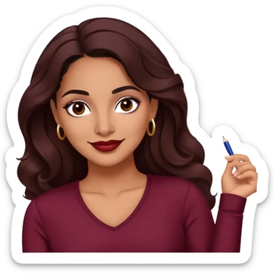 Puerto Rican actress Lynette Torres, woman with warm brown skin, attractive elegant features, expressive dark eyes, well-defined eyebrows, straight nose, friendly smile, long dark wavy hair, wearing a fashionable burgundy top sticker