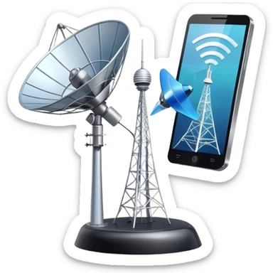 An icon featuring a satellite dish, a cell tower emitting signals, and a smartphone displaying a chat interface. The design includes fiber-optic cables and data waves, symbolizing global communication, connectivity, and information exchange. Transparent background. sticker