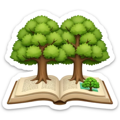 A 3D cartoon open book showing illustrations of two trees—one green and one dry—clean background, soft shadows, realistic Memoji-style look. sticker