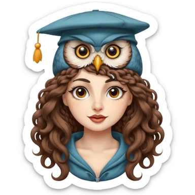 portrait woman long curly brown hair brown eyes white skin tattoos wearing owl hat oversized, playful wink sticker