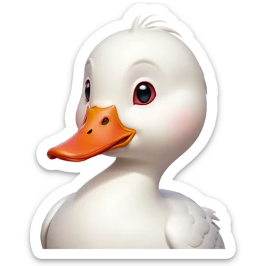Cinematic Comical White Duck Portrait Emoji, Head tilted dramatically with an exaggeratedly amused expression, featuring a striking, glossy white plumage with a quirky red bill, wide, expressive eyes filled with playful disbelief, Simplified yet hilariously expressive features, highly detailed, glowing with a slightly sassy glow, high shine, dramatic yet playful, stylized with an air of cheeky mischief, bright and endearing, soft glowing outline, capturing the essence of a spirited and over-the-top duck, so meme-worthy it feels like it could quack its way into internet fame instantly! sticker