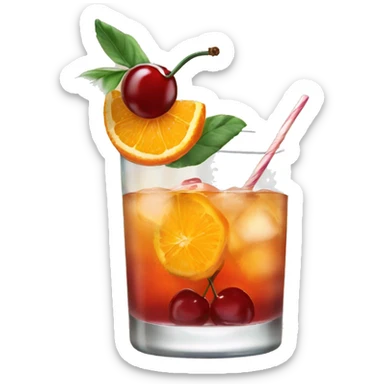 Cocktail garnished with an orange and a cherry sticker