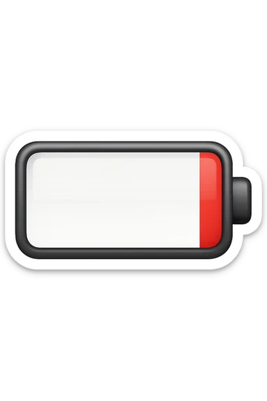 iPhone-style emoji of a battery that is almost empty, with a red bar at the end indicating low energy. Clean, minimal, glossy look, transparent background. sticker